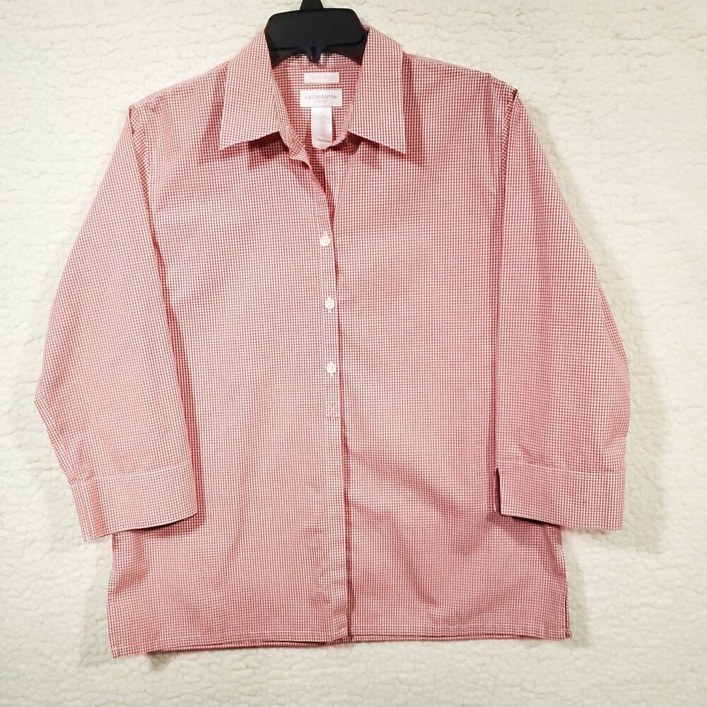 Liz Claiborne Liz Sport Button Up Shirt Top Red Check No-Iron 100% Cotton Size M